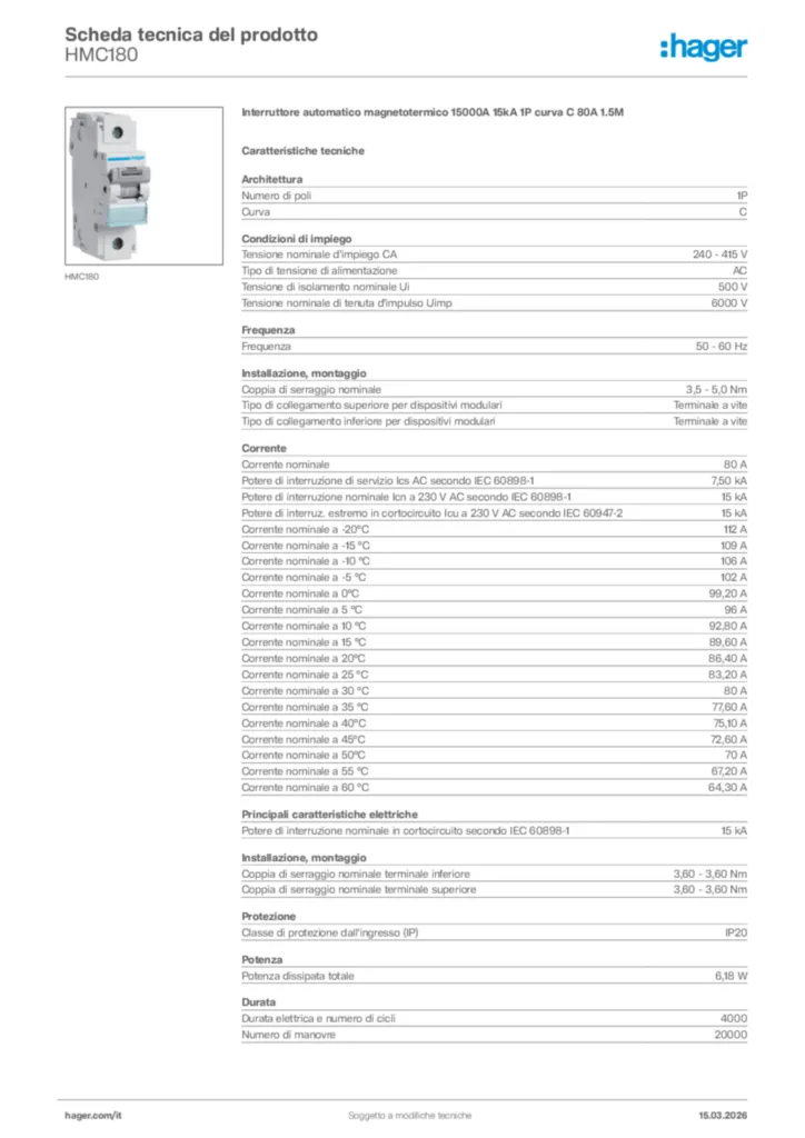 Immagine Hager Scheda tecnica del prodotto HMC180 | Hager Italia
