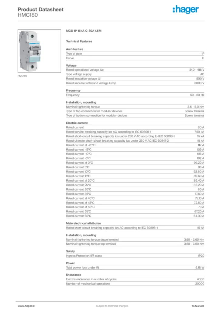 Image Hager Product data sheet HMC180  | Hager