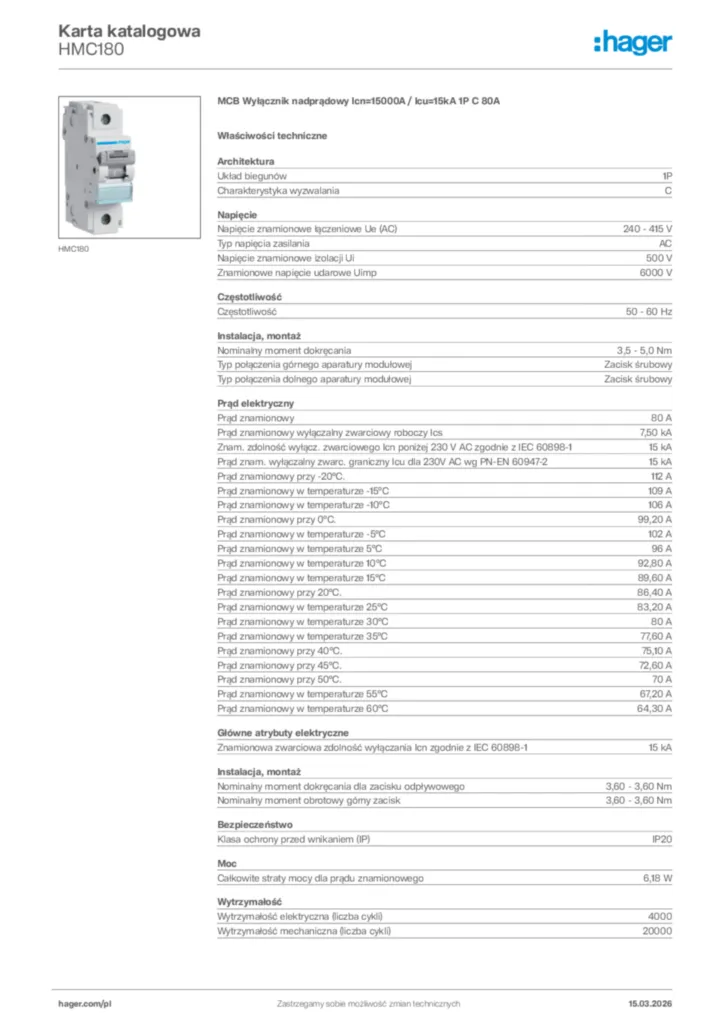 Zdjęcie Hager Karta katalogowa HMC180 | Hager Polska