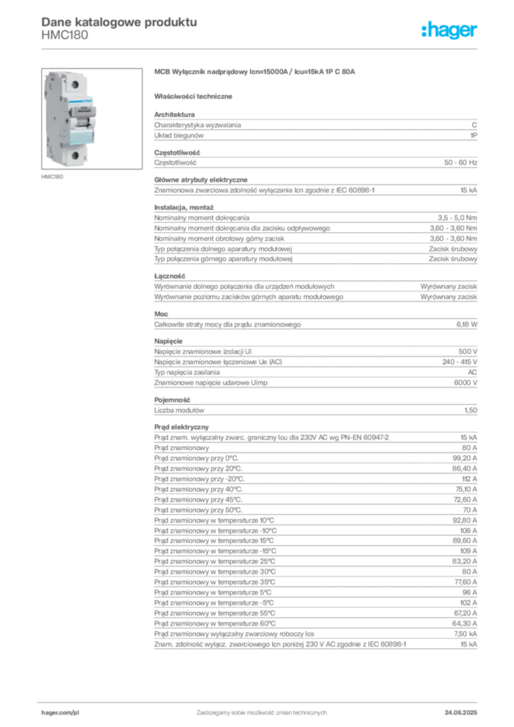 Zdjęcie Hager Karta katalogowa HMC180 | Hager Polska