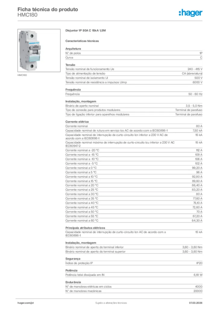Imagem Hager Ficha técnica do produto HMC180 | Hager Portugal