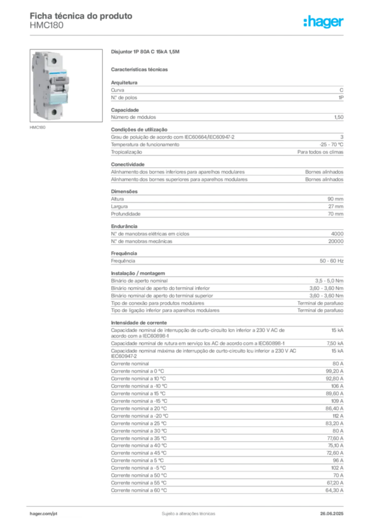 Imagem Hager Ficha técnica do produto HMC180 | Hager Portugal