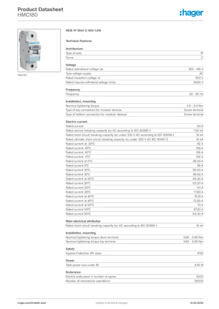 Image Hager Product data sheet HMC180  | Hager