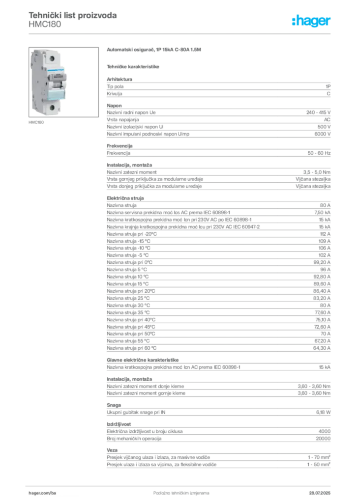 Slika Hager Product data sheet HMC180  | Hager