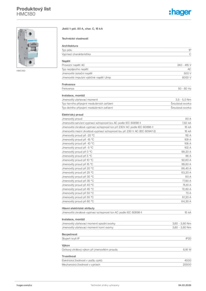 Obrázek Hager Product data sheet HMC180 | Hager