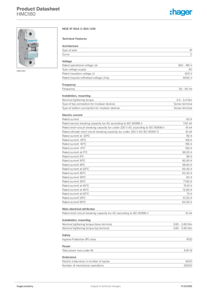Image Hager Product data sheet HMC180  | Hager