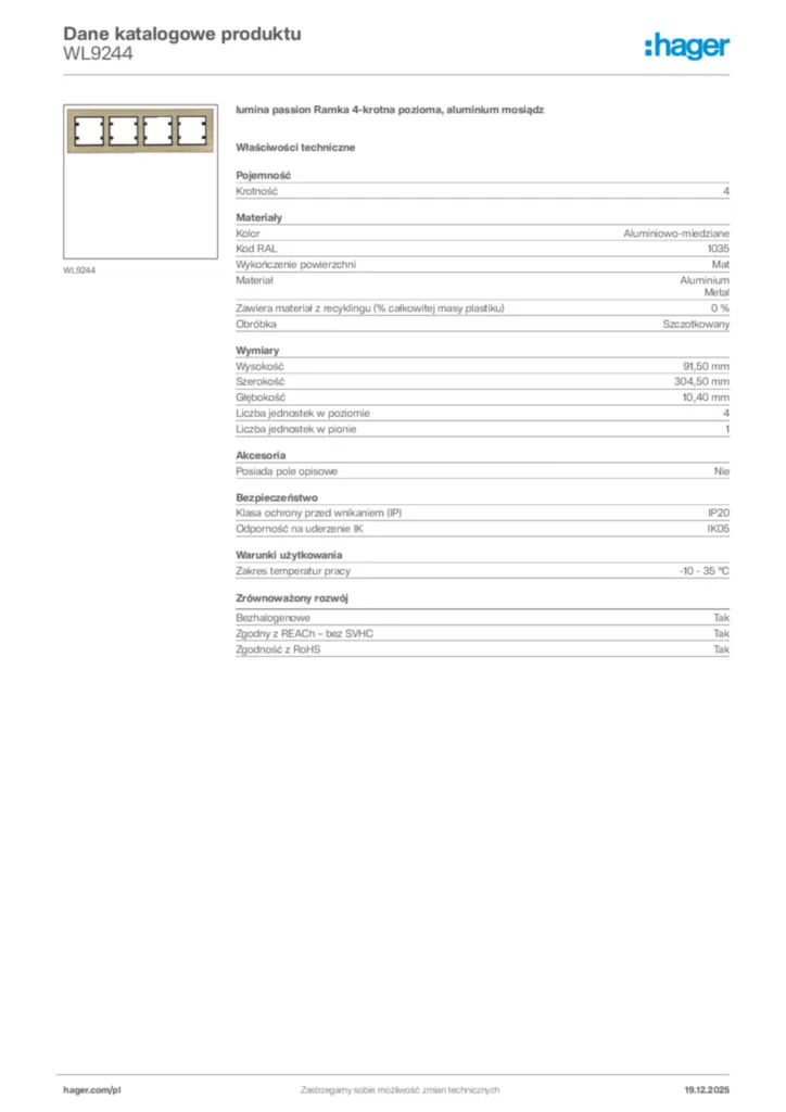 Zdjęcie Hager Karta katalogowa WL9244 | Hager Polska