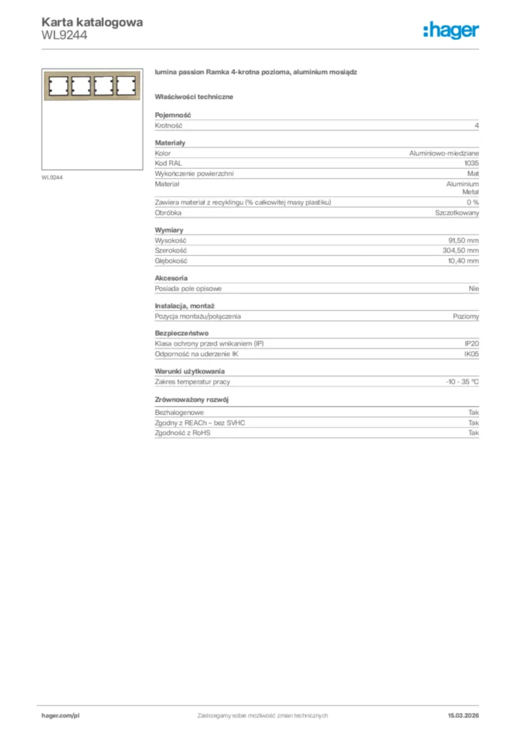 Zdjęcie Hager Karta katalogowa WL9244 | Hager Polska