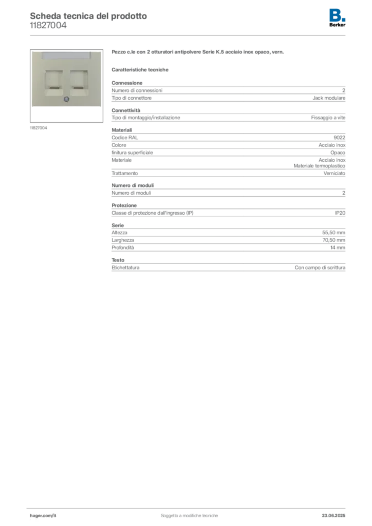 Immagine Berker Scheda tecnica del prodotto 11827004 | Hager Italia