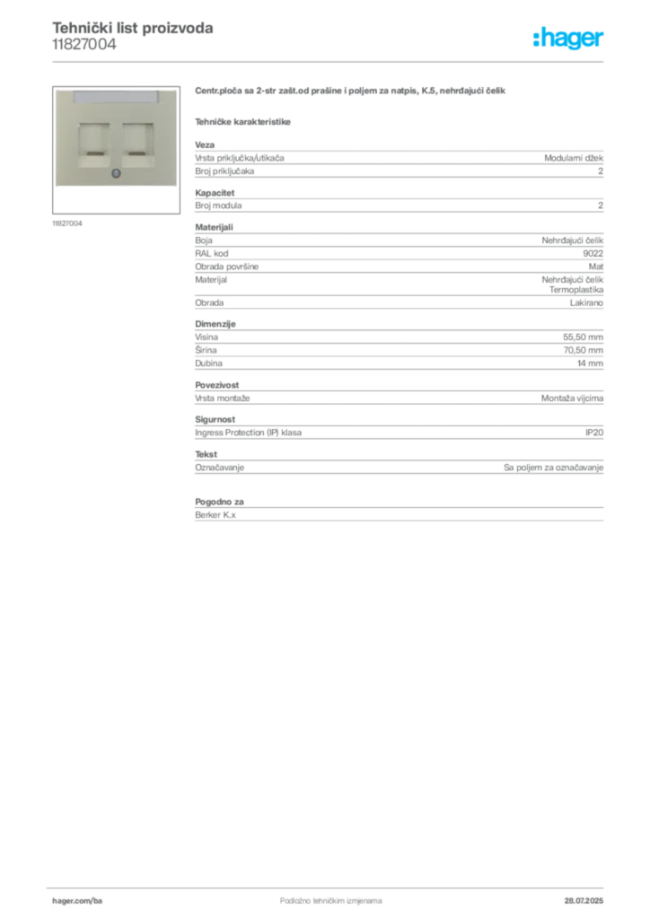 Slika Hager Product data sheet 11827004  | Hager