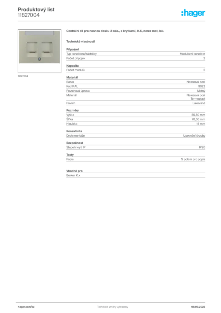 Obrázek Hager Produktový list 11827004 | Hager