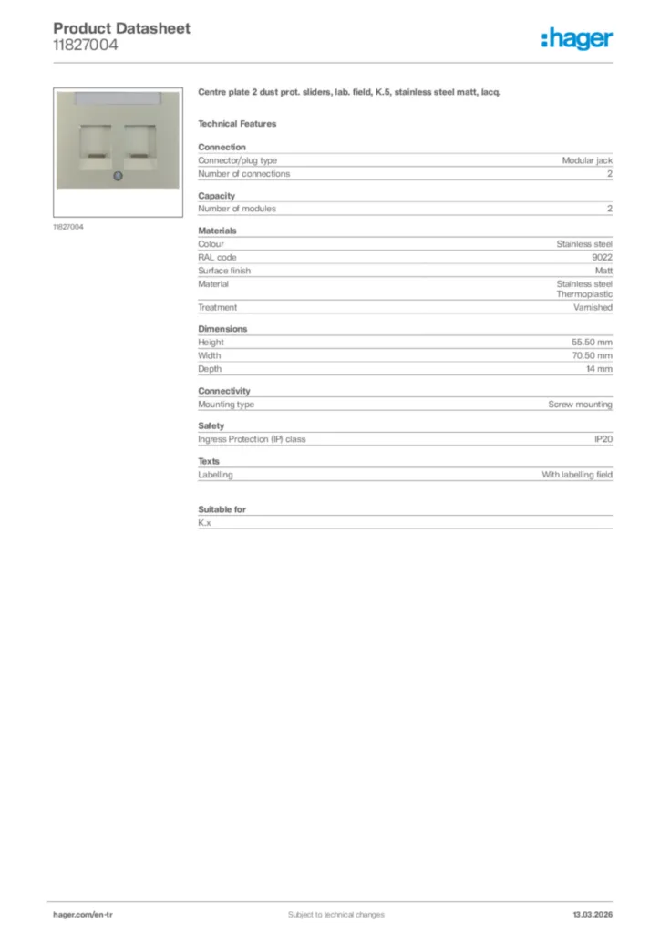 Image Hager Product data sheet 11827004  | Hager