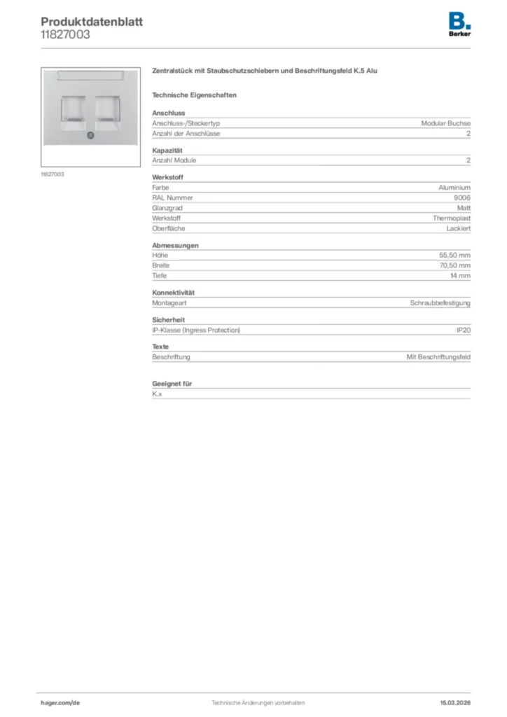 Bild Berker Produktdatenblatt 11827003 | Hager Deutschland