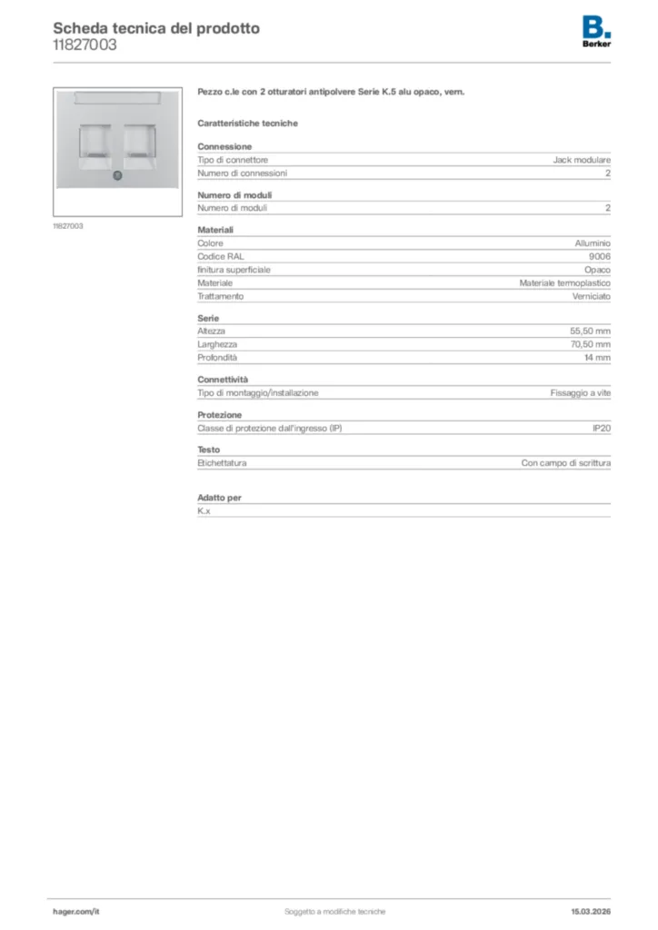 Immagine Berker Scheda tecnica del prodotto 11827003 | Hager Italia