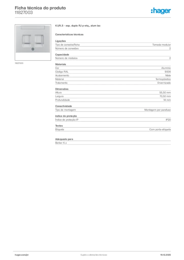 Imagem Hager Ficha técnica do produto 11827003 | Hager Portugal