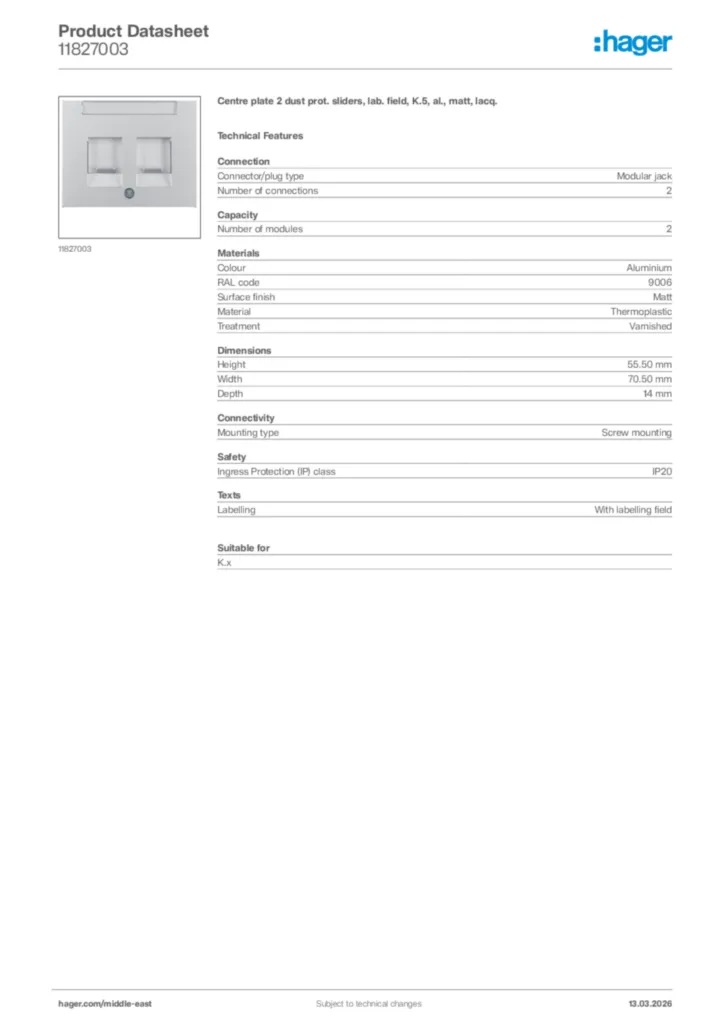 Image Hager Product data sheet 11827003  | Hager