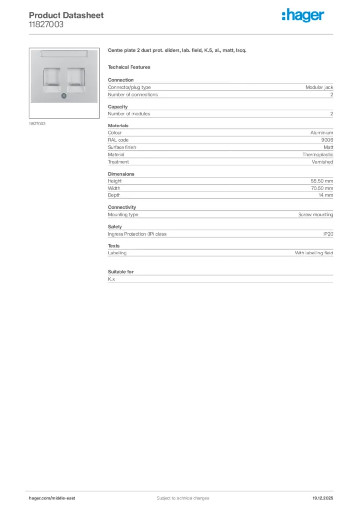 Image Hager Product data sheet 11827003  | Hager