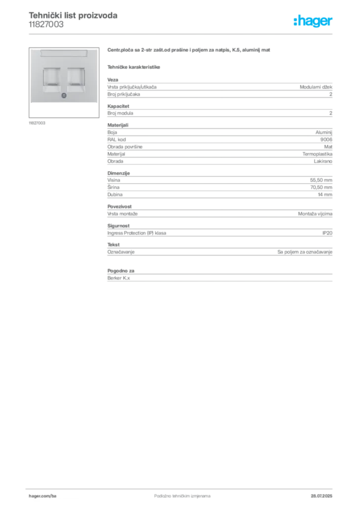 Slika Hager Product data sheet 11827003  | Hager