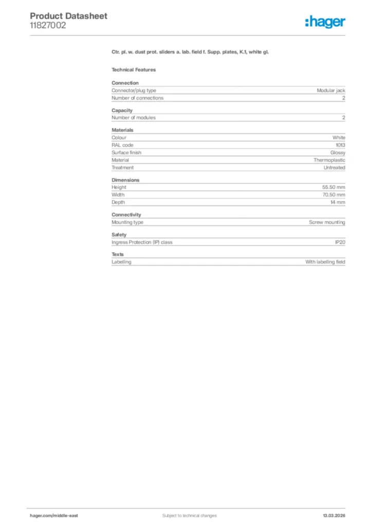 Image Hager Product data sheet 11827002  | Hager