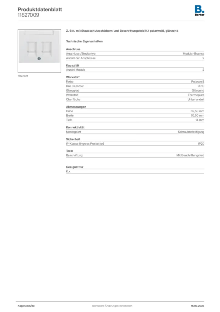 Bild Berker Produktdatenblatt 11827009 | Hager Deutschland