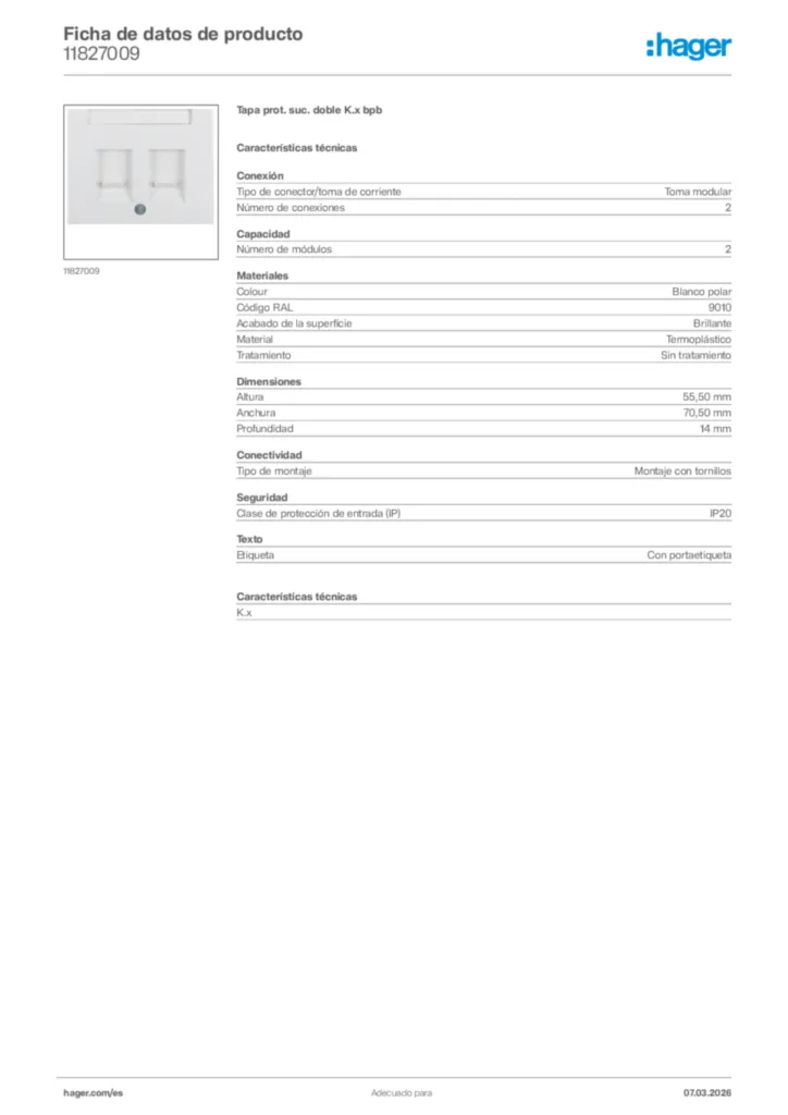 Imagen Hager Ficha de datos de producto 11827009 | Hager España
