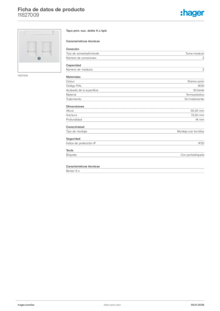 Imagen Hager Ficha de datos de producto 11827009 | Hager España