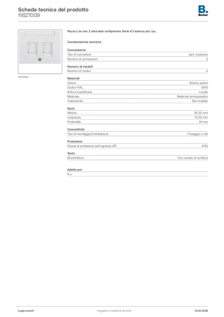 Immagine Berker Scheda tecnica del prodotto 11827009 | Hager Italia