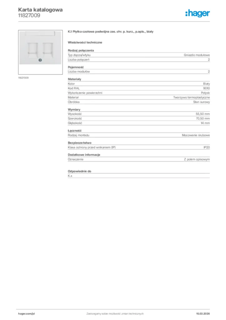 Zdjęcie Hager Karta katalogowa 11827009 | Hager Polska