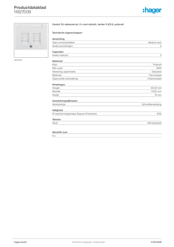 Afbeelding Hager Productdatablad 11827009 | Hager Nederland