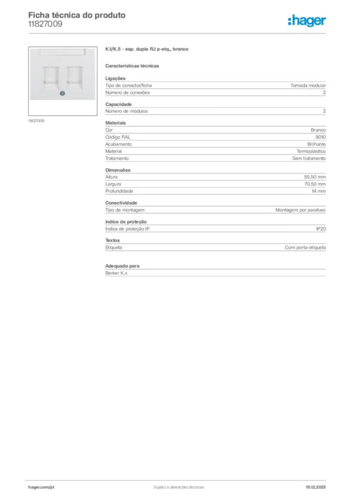 Imagem Hager Ficha técnica do produto 11827009 | Hager Portugal