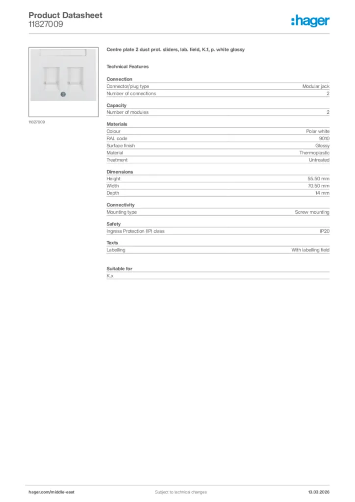 Image Hager Product data sheet 11827009  | Hager