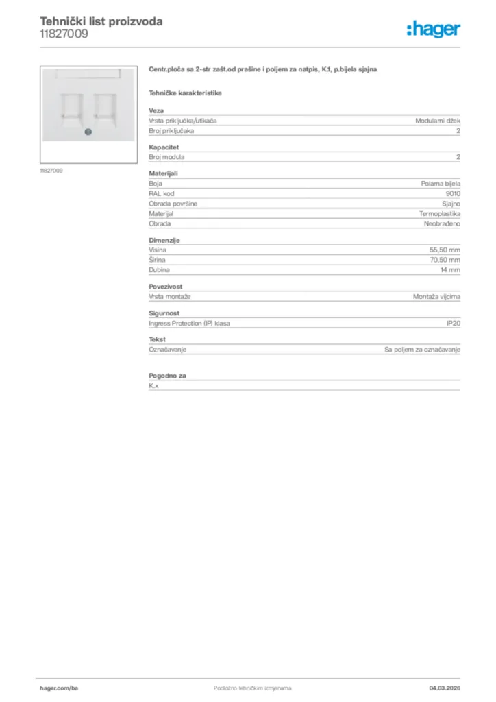 Slika Hager Tehnički list proizvoda 11827009  | Hager