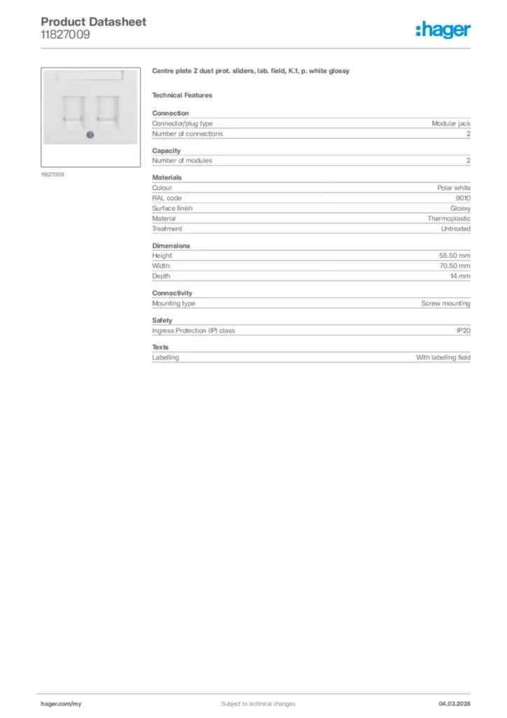 Image Hager Product data sheet 11827009  | Hager