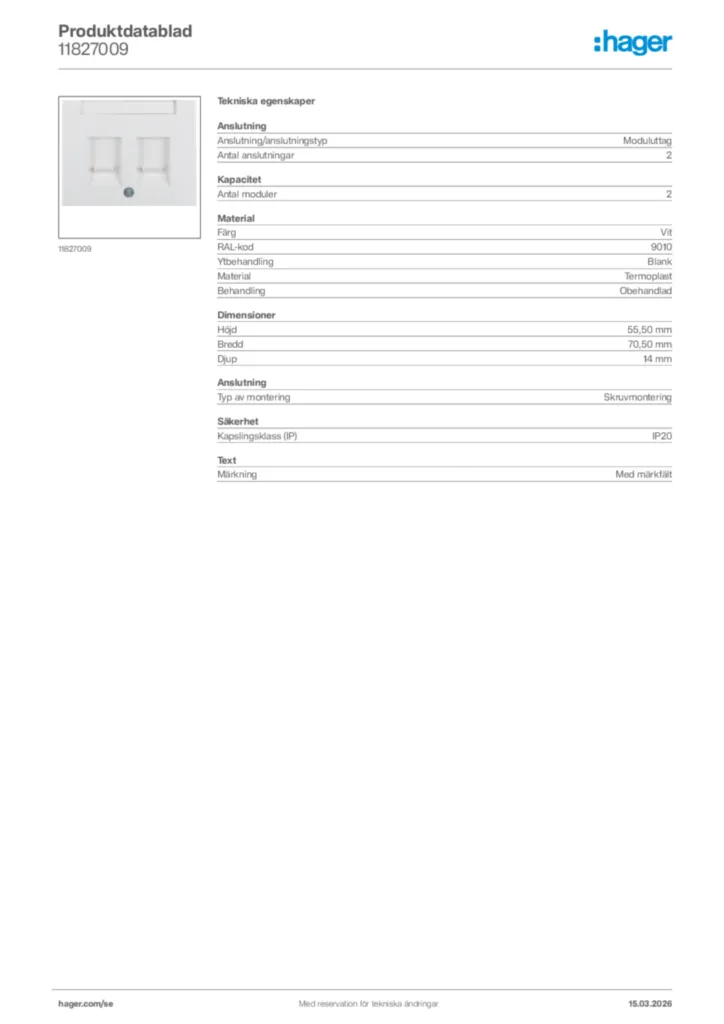Bild Hager Produktdatablad 11827009 | Hager Sverige