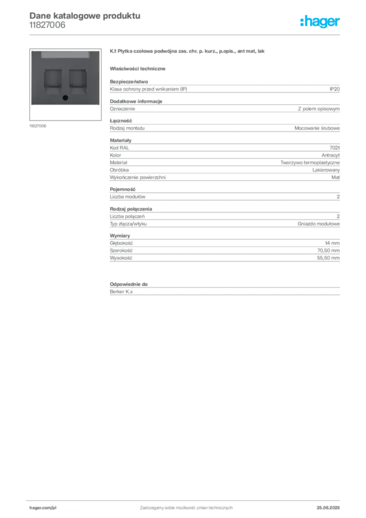 Zdjęcie Hager Karta katalogowa 11827006 | Hager Polska