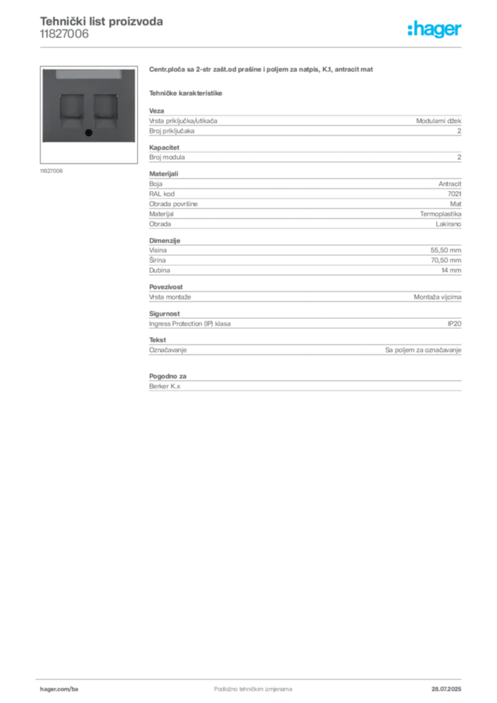 Slika Hager Product data sheet 11827006  | Hager