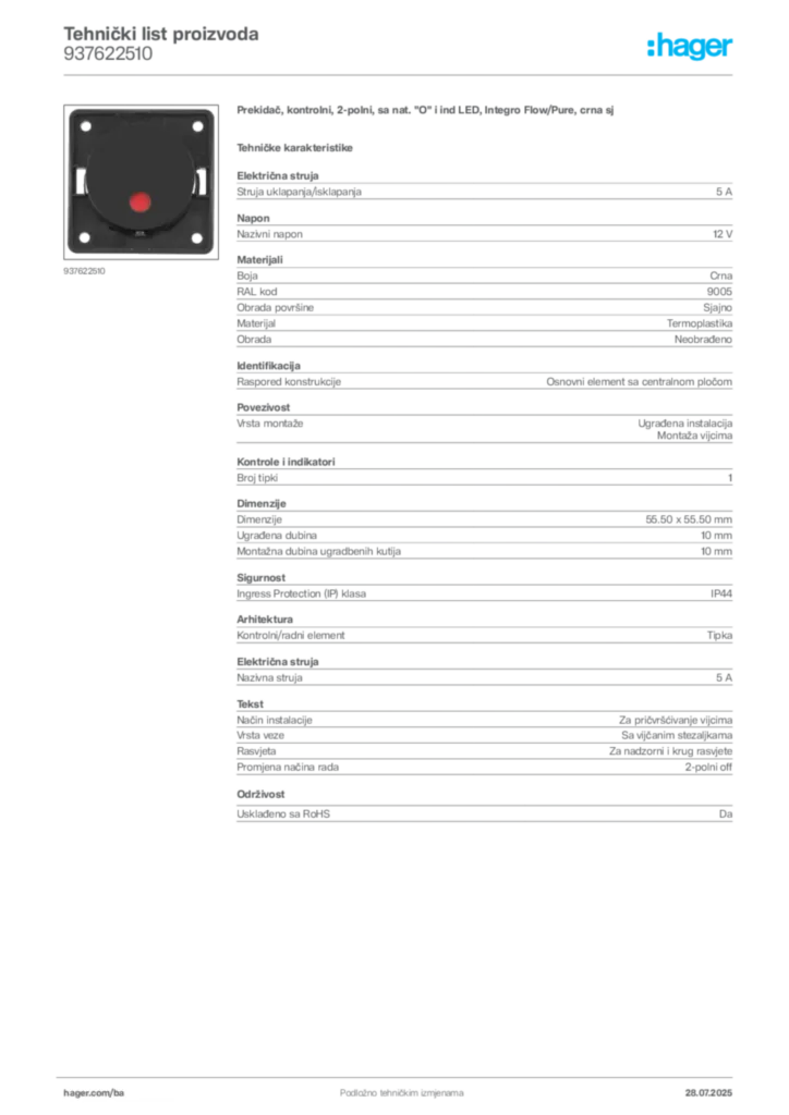 Slika Hager Product data sheet 937622510  | Hager