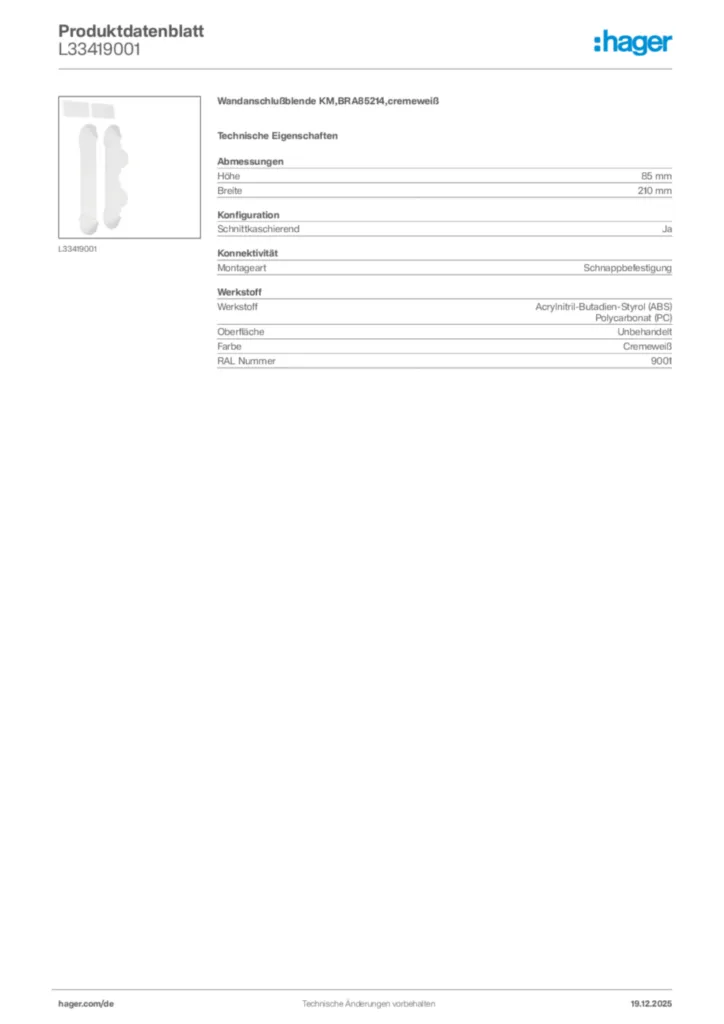 Bild Hager Produktdatenblatt L33419001 | Hager Deutschland