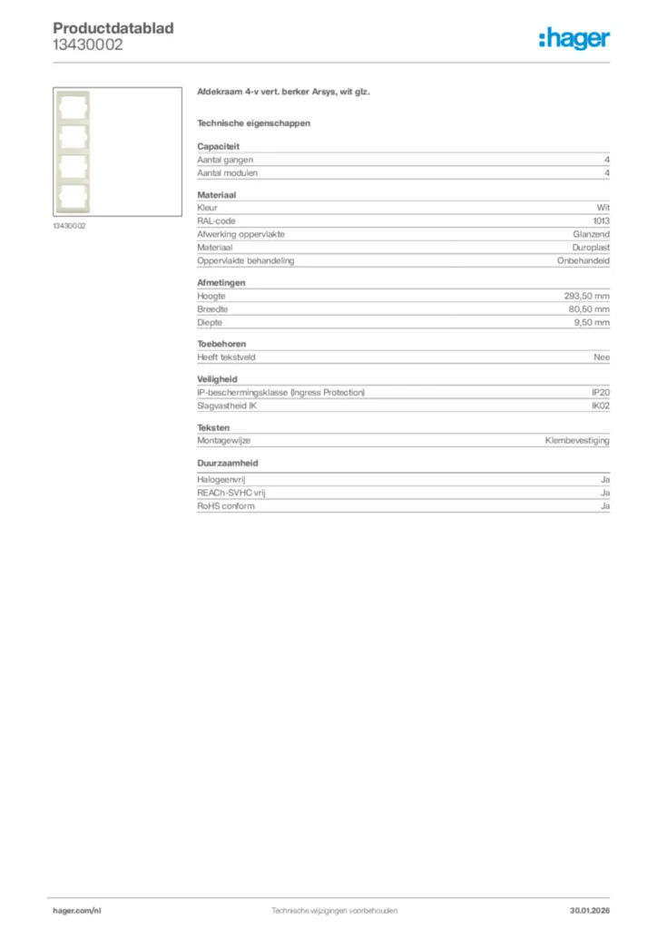 Afbeelding Hager Productdatablad 13430002 | Hager Nederland