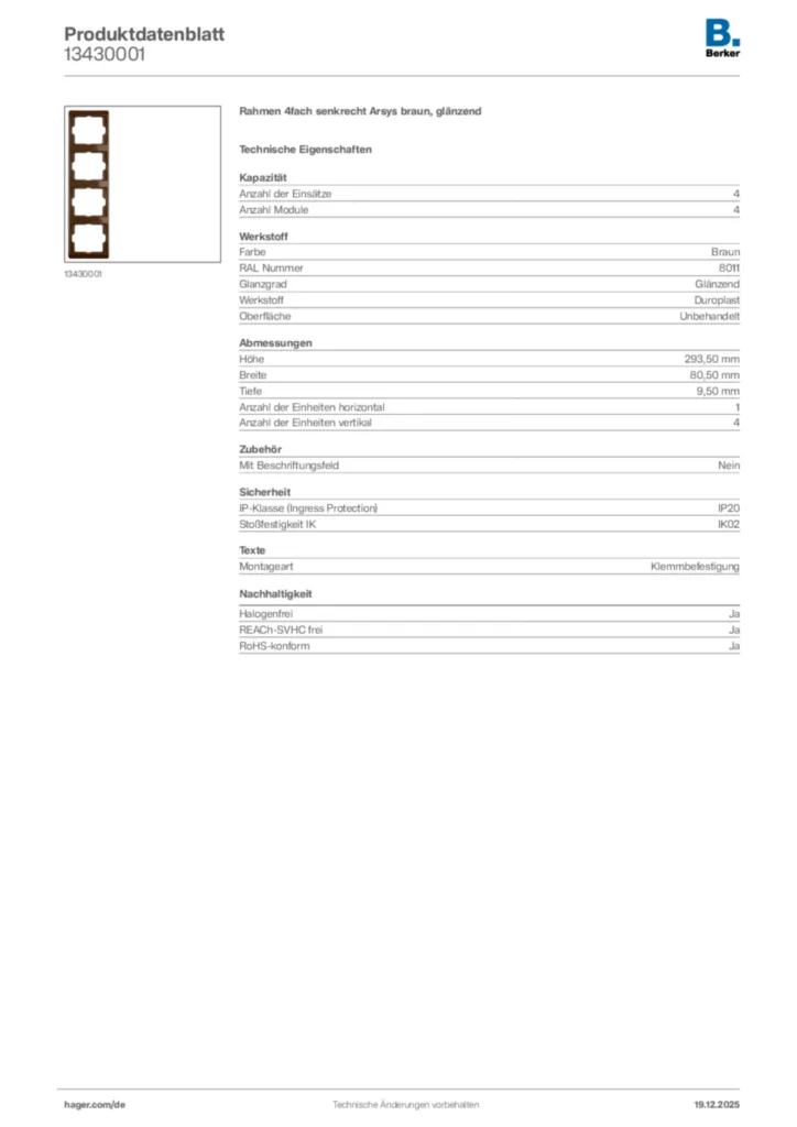 Bild Berker Produktdatenblatt 13430001 | Hager Deutschland