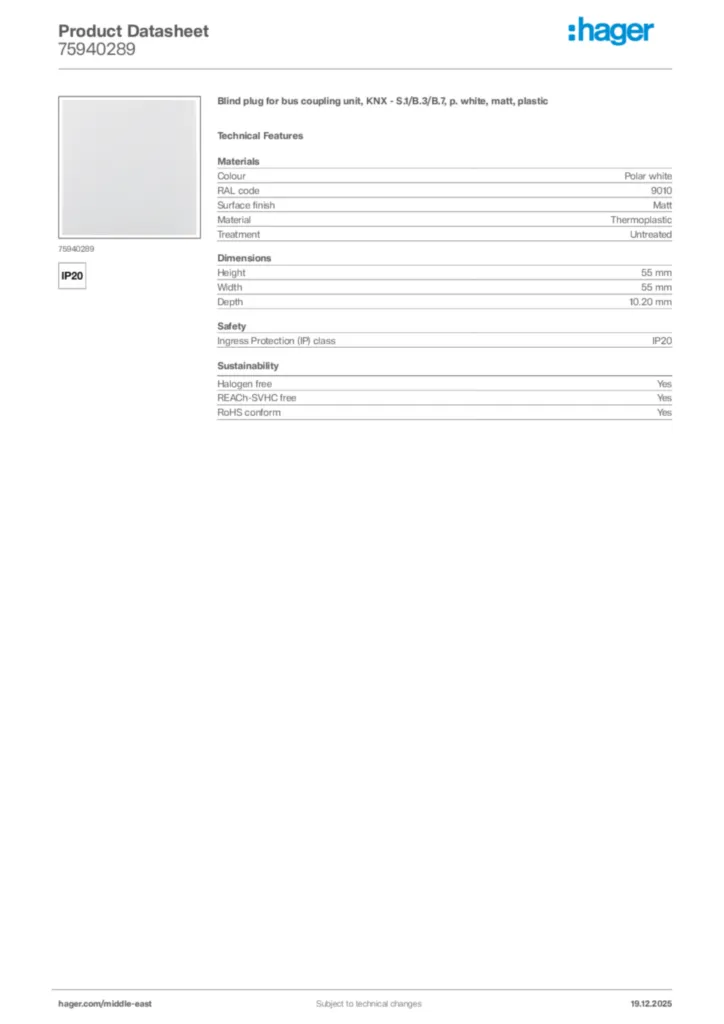 Image Hager Product data sheet 75940289  | Hager