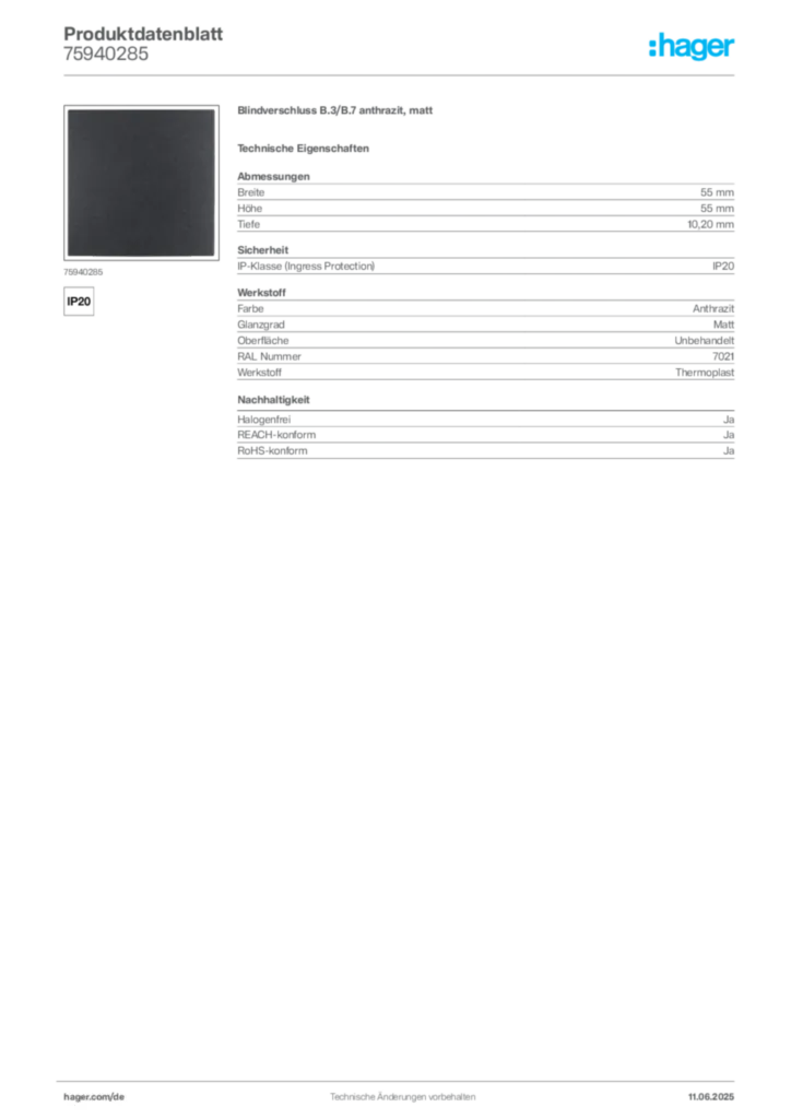 Bild Berker Produktdatenblatt 75940285 | Hager Deutschland