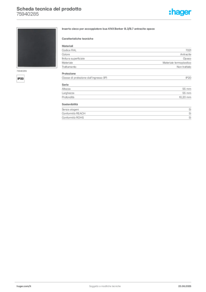 Immagine Berker Scheda tecnica del prodotto 75940285 | Hager Italia