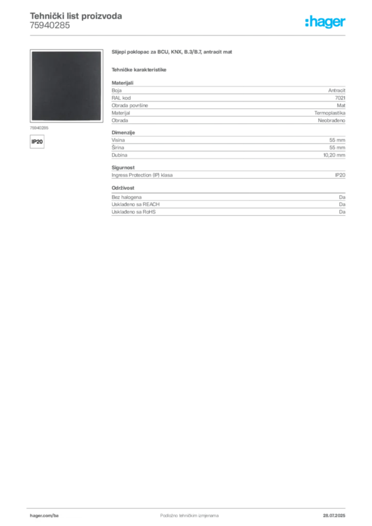 Slika Hager Product data sheet 75940285  | Hager