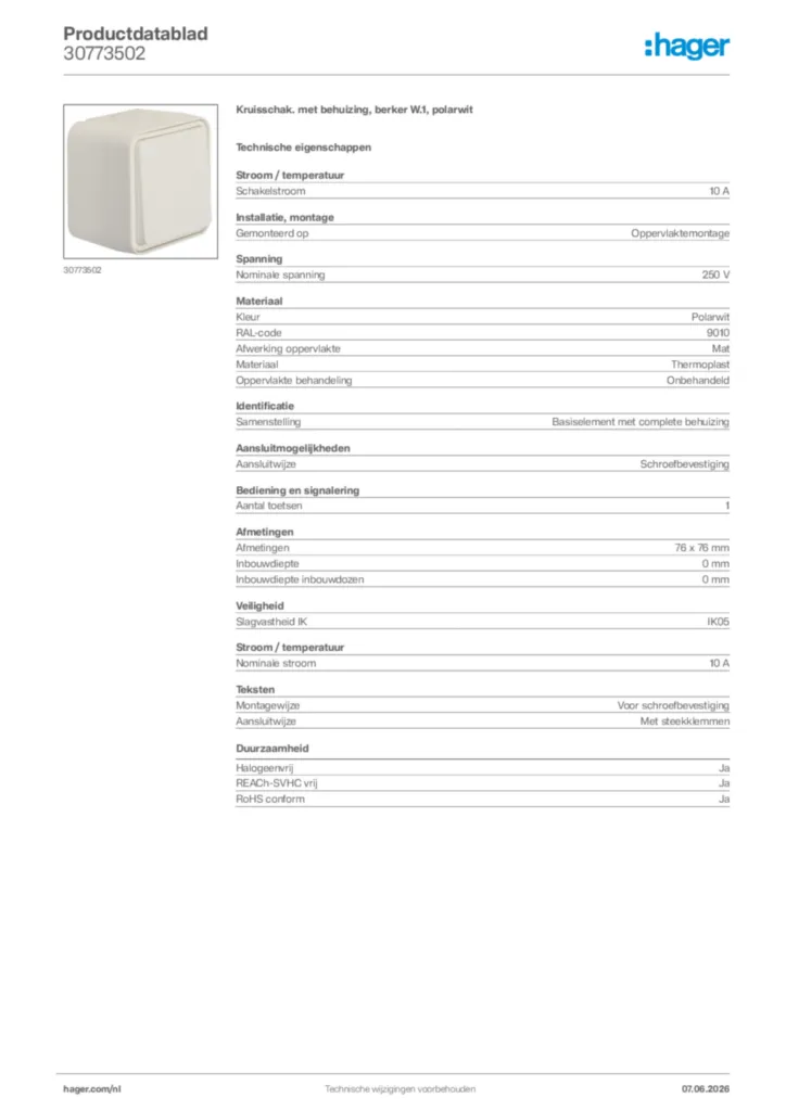 Afbeelding Hager Productdatablad 30773502 | Hager Nederland