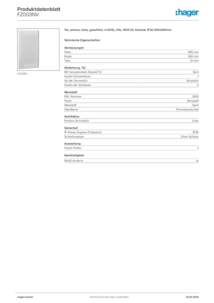 Bild Hager Produktdatenblatt FZ003NV | Hager Deutschland