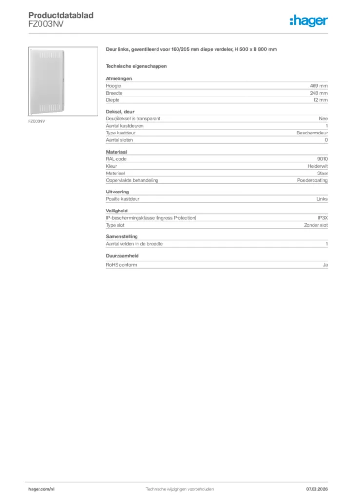 Afbeelding Hager Productdatablad FZ003NV | Hager Nederland