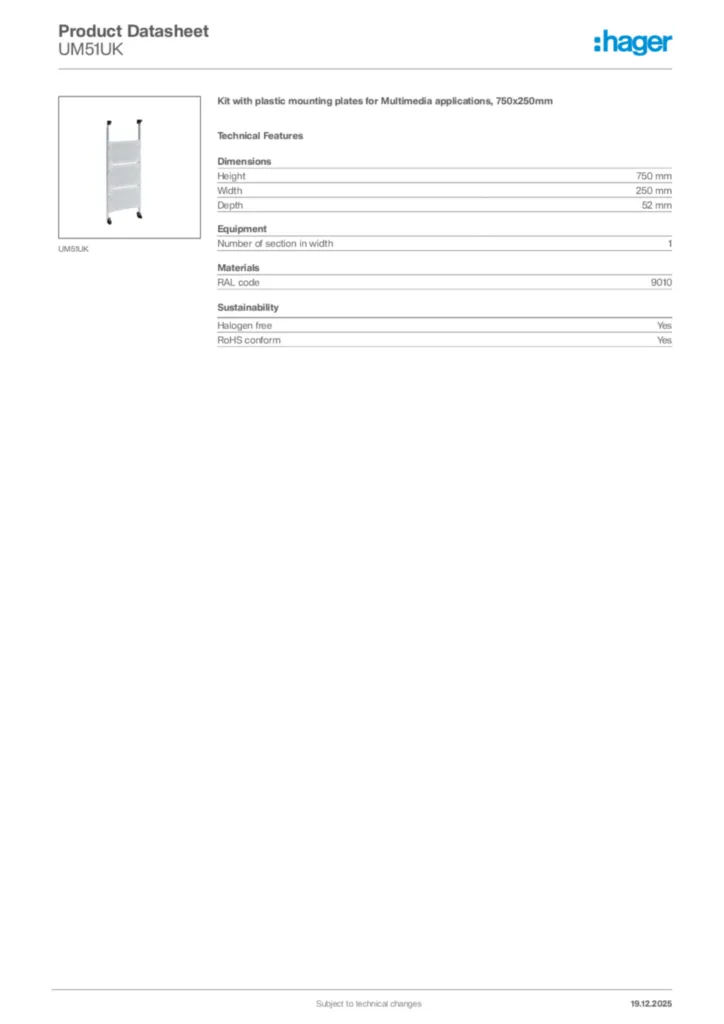 Image Hager Product data sheet UM51UK  | Hager Africa