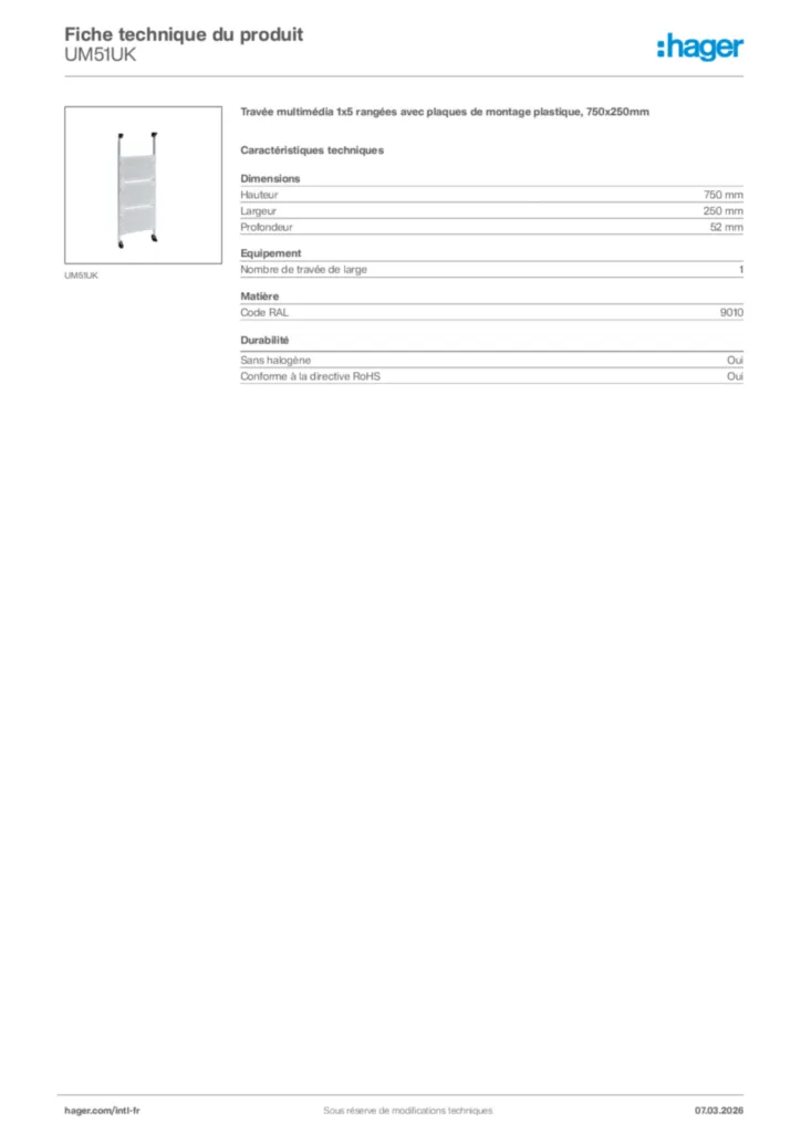 Image Hager Fiche technique du produit UM51UK | Hager Afrique