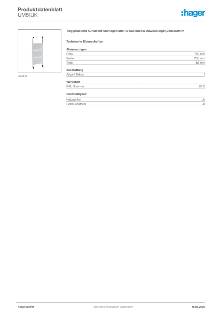 Bild Hager Produktdatenblatt UM51UK | Hager Deutschland